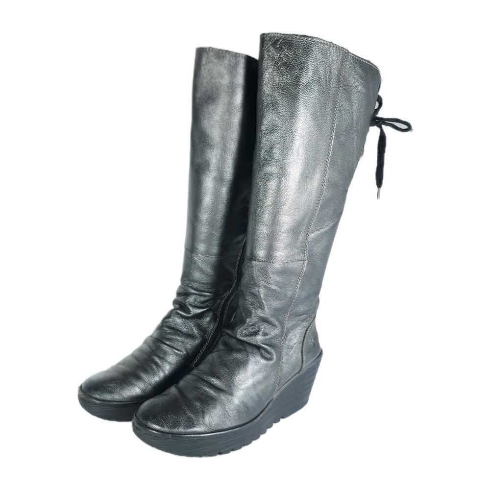 Fly London Womens Yust US9,5 EU40 Metallic Gray Leather Zip Wedge Riding Boots